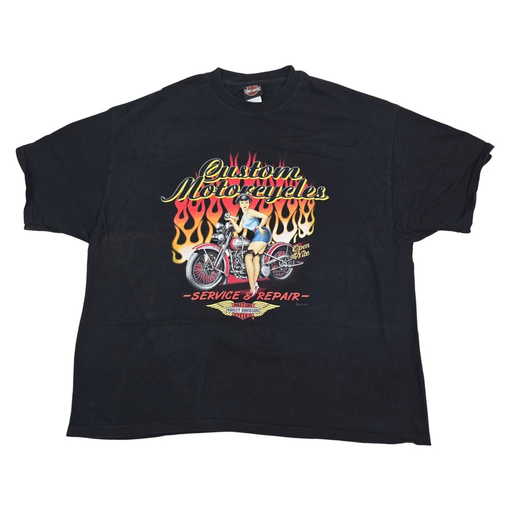 Harley-Davidson Custom Motorcycles T-Shirt Mens 2XL Black Pinup Eagle‎ Biker Tee